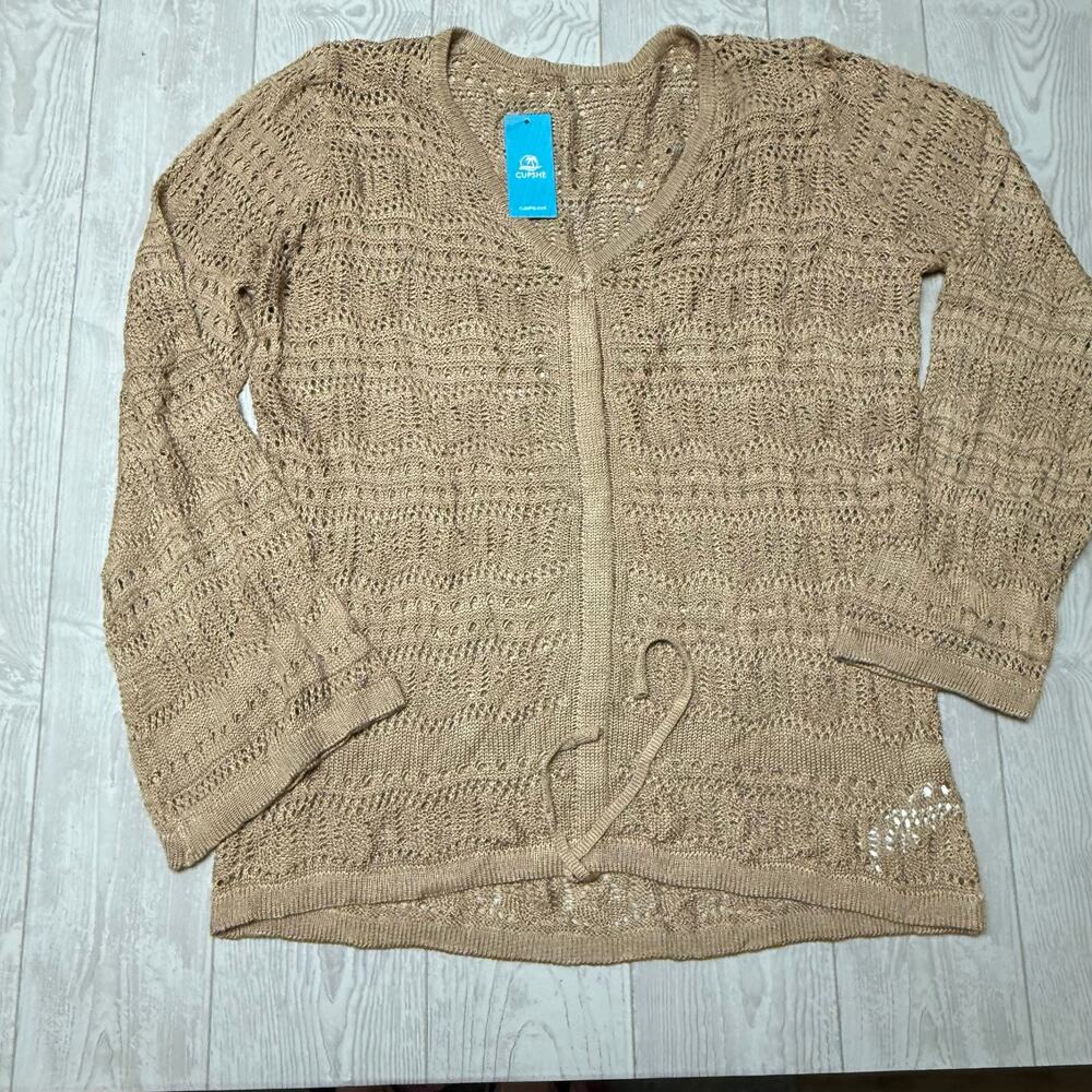 CUPSHE Women’s Medium BhHo
 Crochet Knit Tie Front Cardigan Bell Sleeve Tan NWT